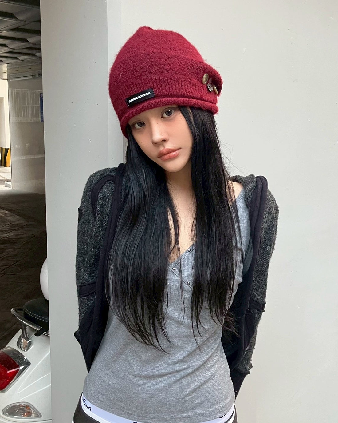 Button Knit Beanie【Red】