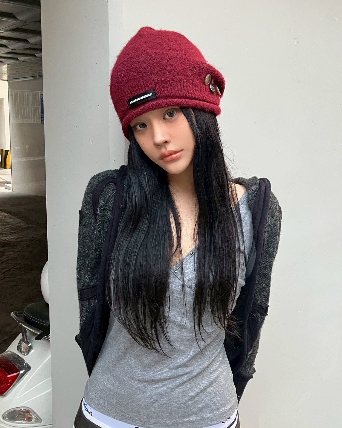 Button Knit Beanie【Red】