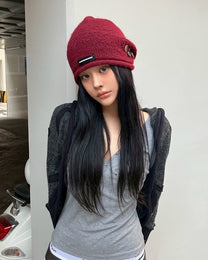 Button Knit Beanie【Red】