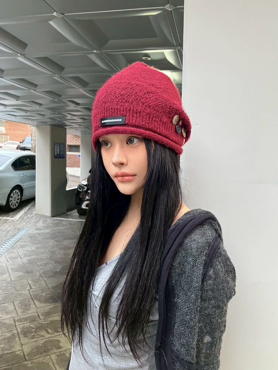 Button Knit Beanie【Red】