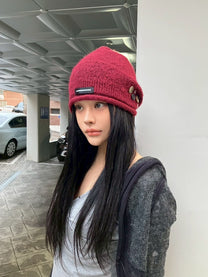 Button Knit Beanie【Red】