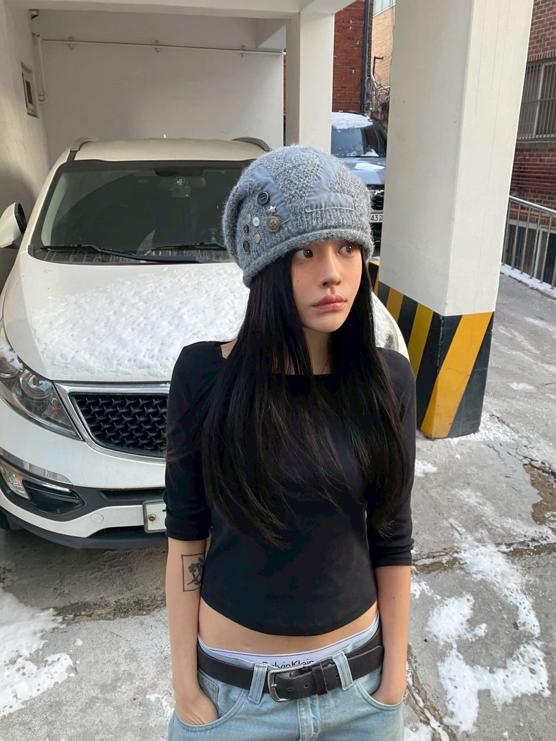 Button Knit Beanie【Gray】