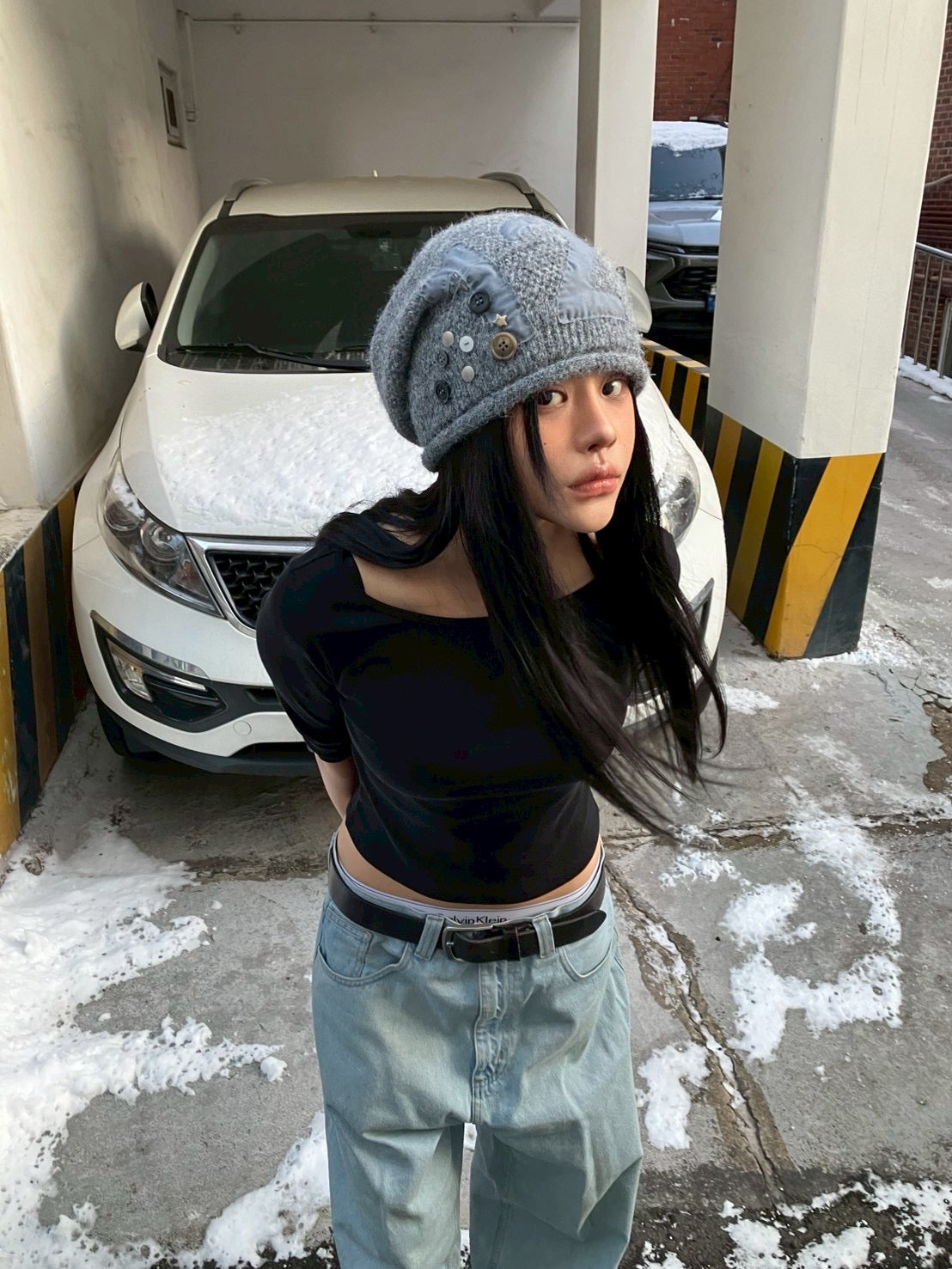 Button Knit Beanie【Gray】