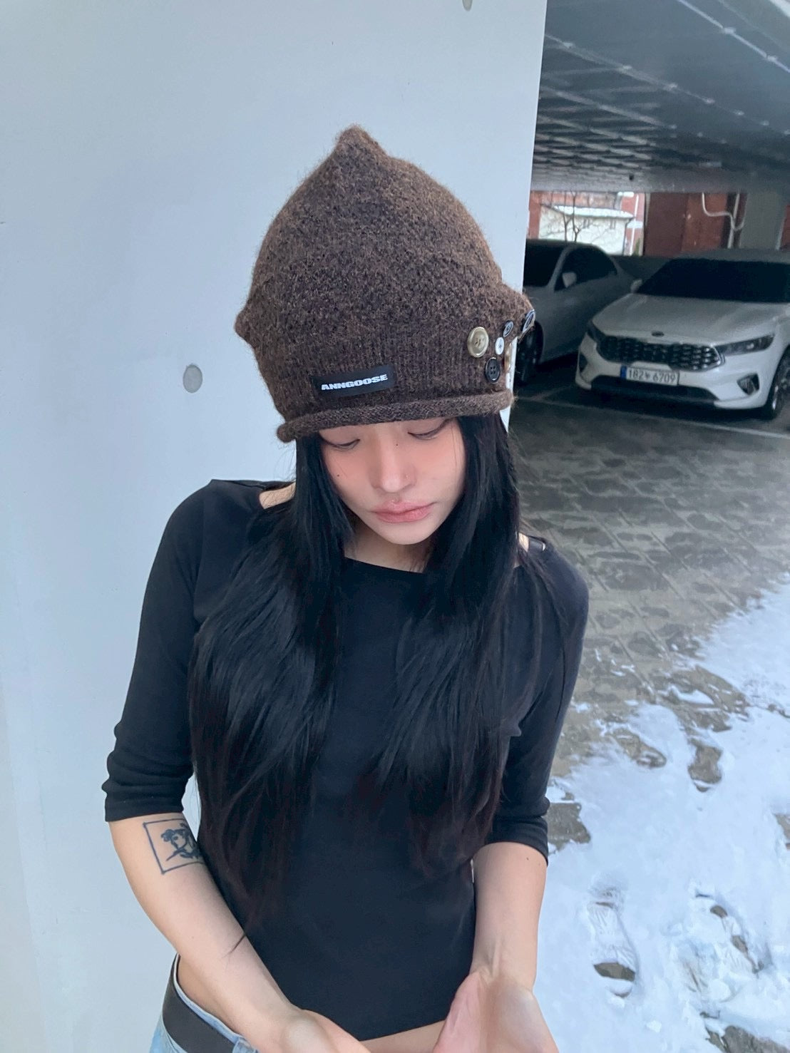 Button Knit Beanie【Brown】